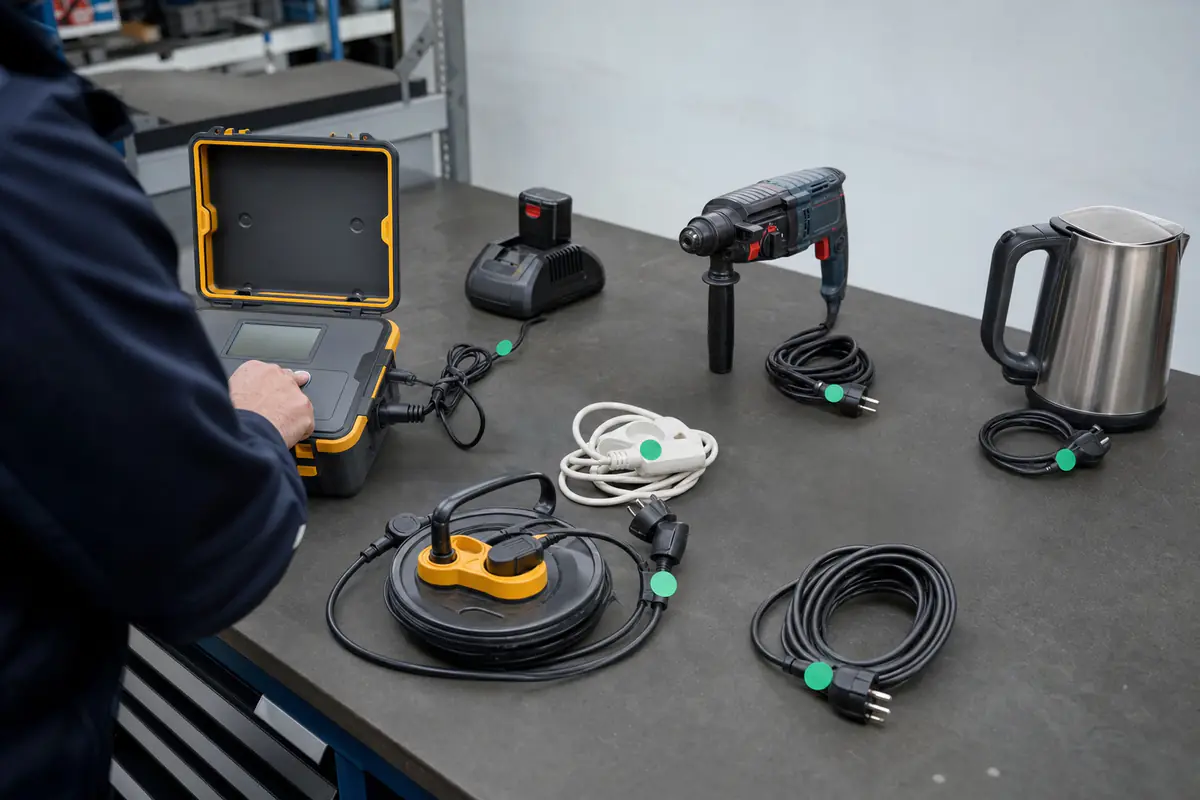 Apparatentester op een werkbank met een boormachine en verlengsnoeren met keurlabel
