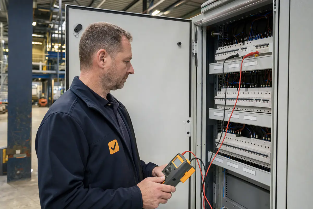 Inspecteur meet de isolatieweerstand aan een industriele verdeelkast